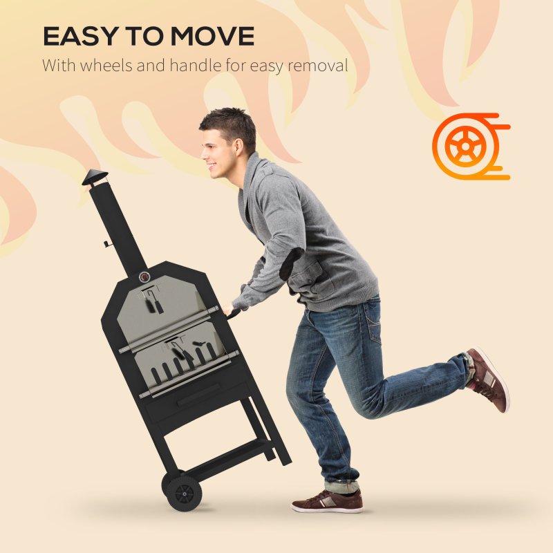 Outsunny 2-in-1 Outdoor Pizza Oven 3-Tier Freestanding Charcoal BBQ Grill with Rain Cover, Chimney, Thermometer, Bottom Shelf, Anti-scald Handles, Wheels for Garden Party Gathering