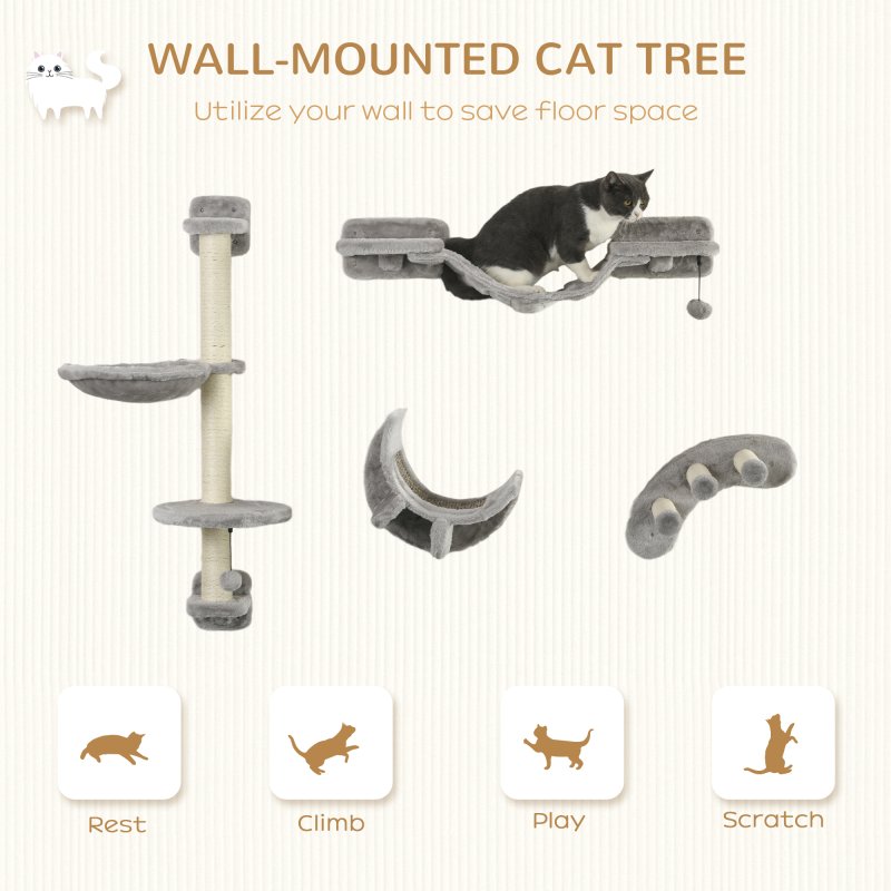 PawHut 4 Piece Cat Shelves, Cat Wall Furniture with Hammock, Scratching Posts, Soft Ladder, Steps, Jump Platforms, Cat Wall Shelves for Indoor Cats - Grey