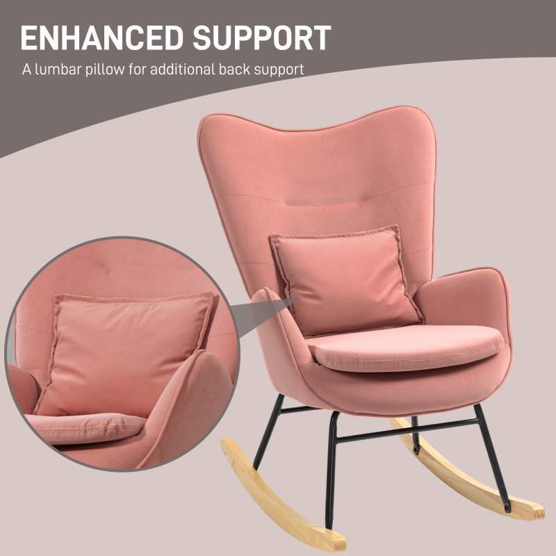 HOMCOM Velvet Rocking Chair with Lumbar Pillow, Rocker Armchair with Metal Legs and Wood Base for Living Room, Bedroom, Pink