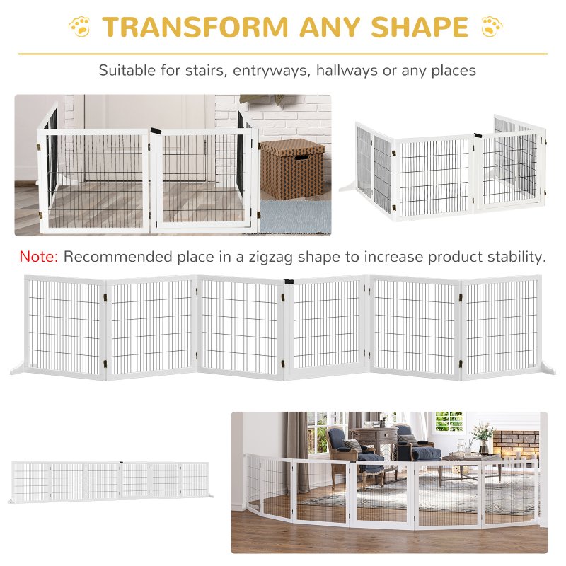 PawHut Freestanding Pet Gate, 6 Panel Foldable Playpen, Wooden Dog Gate with 2 Support Feet, for Stairs, Doorway - White