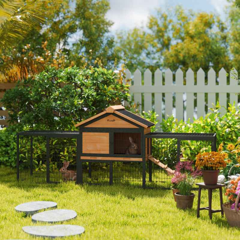 PawHut Rabbit Hutch Outdoor, Wooden Guinea Pig Hutch with Steel Run, Removable Leak Proof Tray, Water-Resistant Roof, Ramp, Small Animal House for 2-3 Bunnies, Guinea Pigs, 217 x 53 x 86 cm