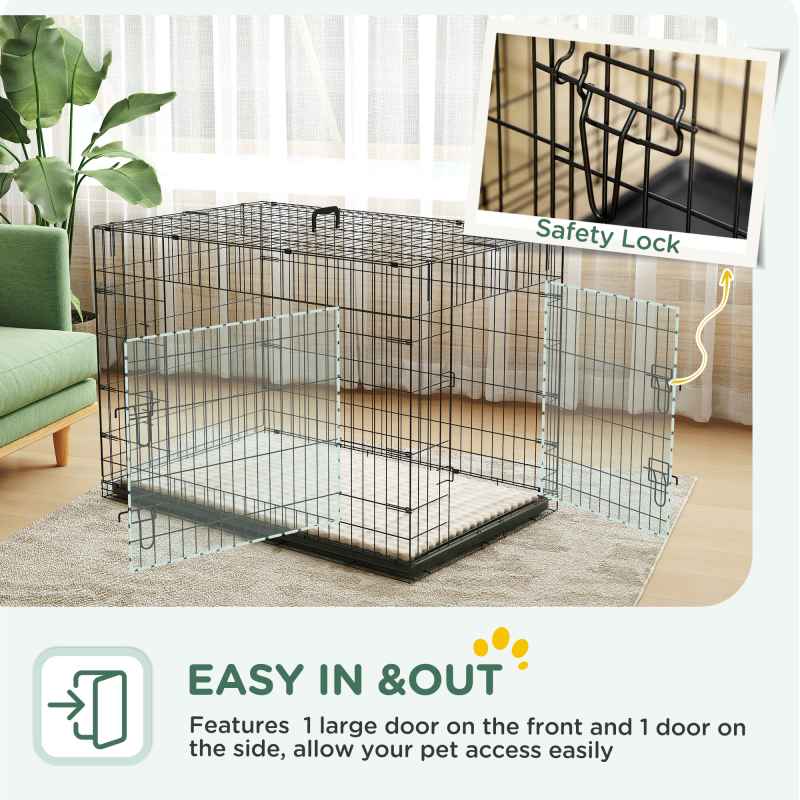 PawHut Dog Crate, Folding Metal Dog Cage with Two Doors, Tray, Soft Cushion, for Extra Large Dogs, 105 x 70 x 75 cm, Black
