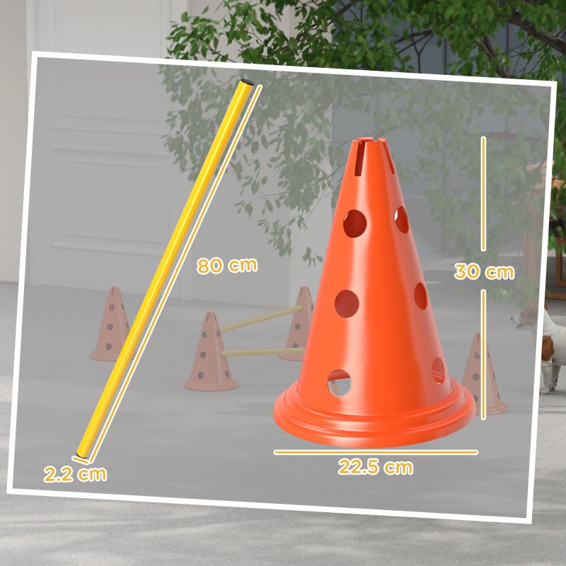 PawHut Dog Agility Set, Portable Pet Jump Training Equipment Kit for Six Cones, Six Poles with Carry Bag, Three-Piece Adjustable Height Jumping Obstacles, Orange