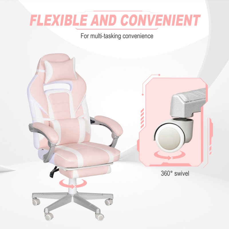 HOMCOM Gaming Chair with Footrest, PU Leather Computer Chair, Swivel Game Chair with 150 Reclining Back and Lumbar Support for Adults, Pink