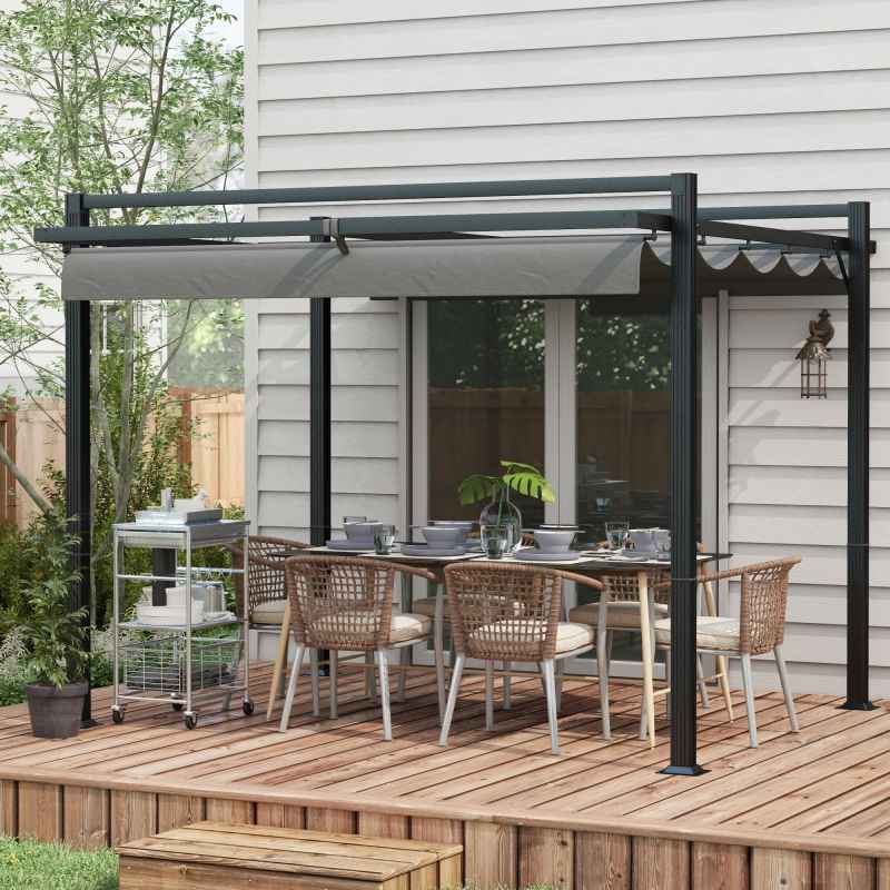 Outsunny 3 x 3(m) Pergola with Retractable Roof Canopy, Aluminium Frame Garden Gazebo Outdoor Sun Shade Shelter for Grill, Patio, Deck, Dark Grey