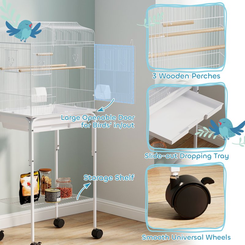PawHut Bird Cage Budgie Cages for Finch Canary Parakeet with Stand Wheels Slide-out Tray Accessories Storage Shelf, White 46.5 x 36 x 124 cm