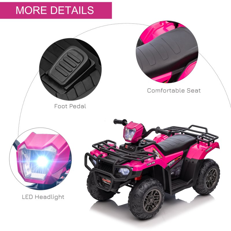 HOMCOM 12V Electric Quad Bike for Kids, Ride-On Car All Terrain Vehicle w/ Forward, Reverse Functions, Music, LED Headlights, for Ages 3-5 Years - Pink