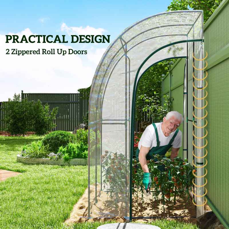 Outsunny Walk-In Greenhouse with Zipped Roll Up Doors, Lean-to Small Greenhouse with Plastic Cover and Sloping Top for Flowers, Vegetables and Herbs, 143cm x 118cm x 212cm, Clear