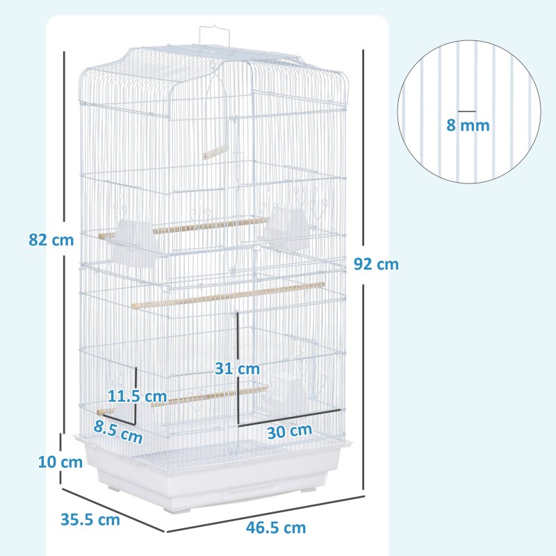 PawHut Bird Cage with Perches, Food Bowls, Swing, Parrot Cage for Budgie, Parakeet, Small Bird, 46.5 x 35.5 x 92cm, White