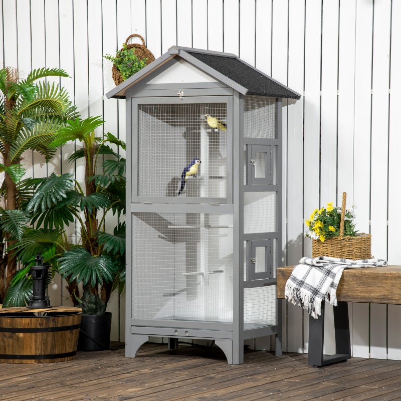 PawHut Wooden Bird Cage Budgie Cage Outdoor for Finch, Canary w/ Slide Tray, Asphalt Roof - Grey
