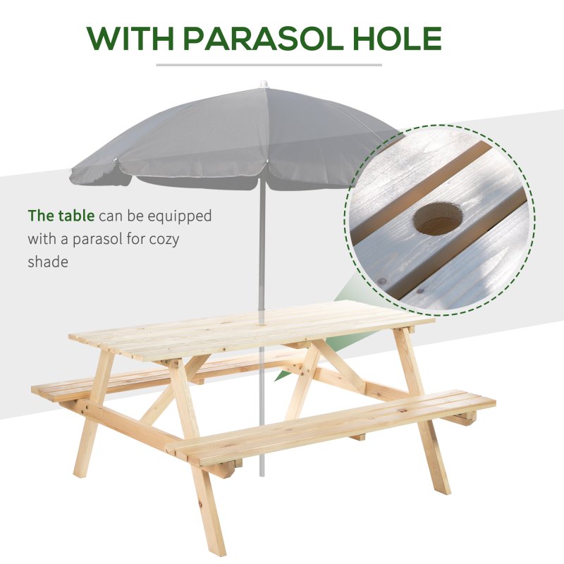 Outsunny 6 Seater Wooden Picnic Table Bench for Outdoor Garden or Patio with Parasol Cutout 150 cm Natural Wood Finish