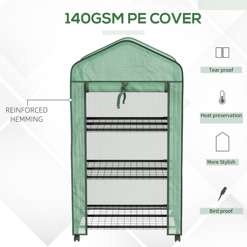 Outsunny 3 Tier Mini Greenhouse with Reinforced PE Cover and Wheels, Portable Small Greenhouse with Roll-up Door and Wire Shelves, 130H x 69W x 49D cm, Green