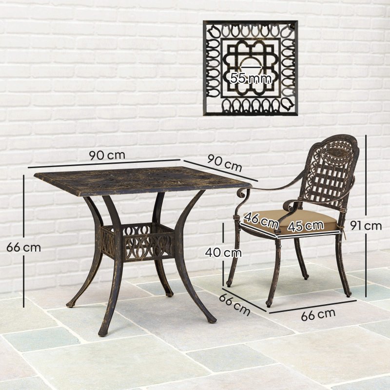 Outsunny 5 Pieces Cast Aluminium Garden Dining Set, 4 Seater Garden Table and Chairs with Parasol Hole, Outdoor Garden Furniture Set with Cushions for Patio, Bronze Tone