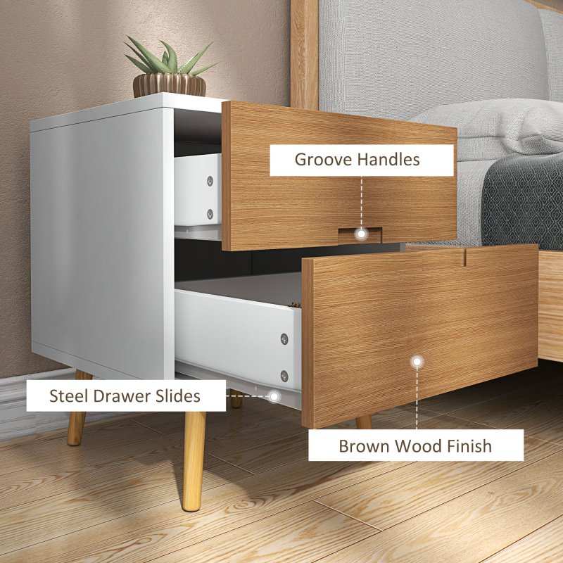 HOMCOM Bedside Table, Modern Nightstand with 2 Drawers, Small Sofa End Table with Storage and Solid Wood Legs for Bedroom, Living Room, Brown