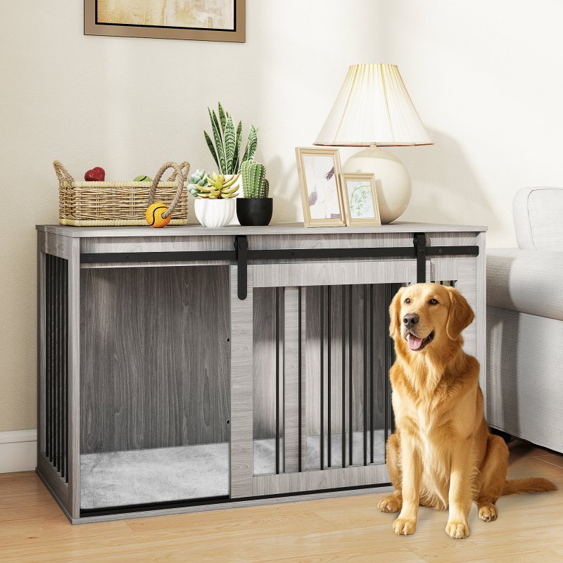 PawHut Dog Crate Furniture, Dog House Furniture Style for Extra Large Dogs, Dog Kennel with Removable Cushion for Indoor Use, 118 x 60 x 73 cm, Grey