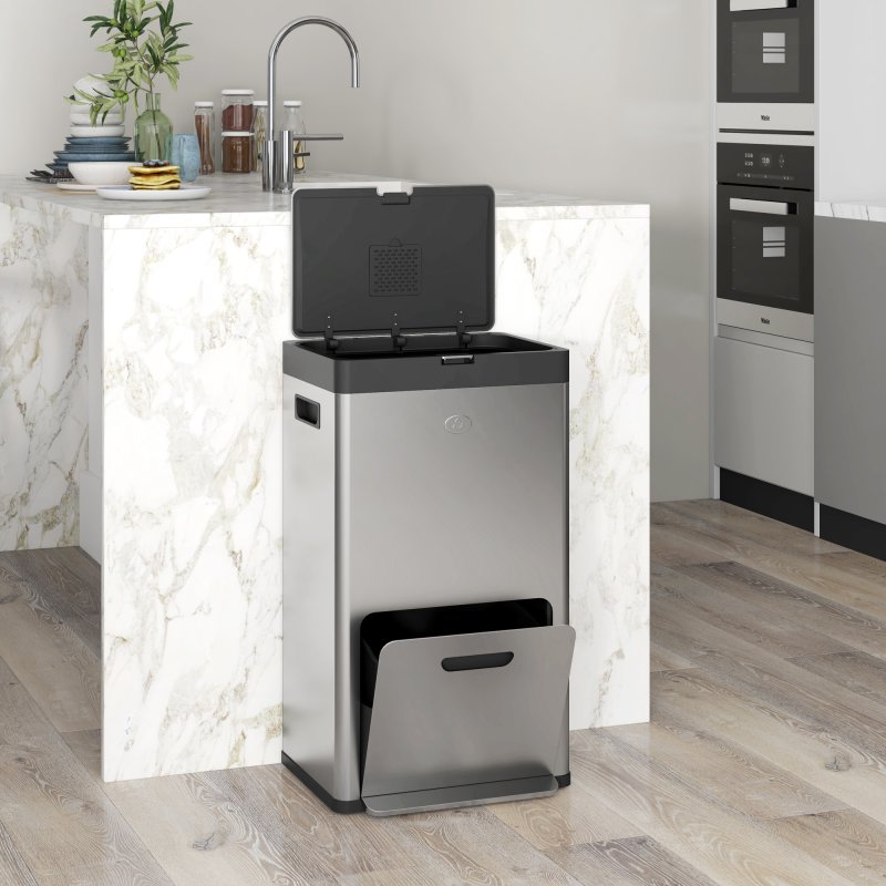 HOMCOM Kitchen Bin, 2 x 18L and 20L Volumes, Stainless Steel 3 Compartment Bin with Wheels, Soft Close Lid, Removable Inner Buckets, Fingerprint-Proof for Recycling and Waste, Silver Tone