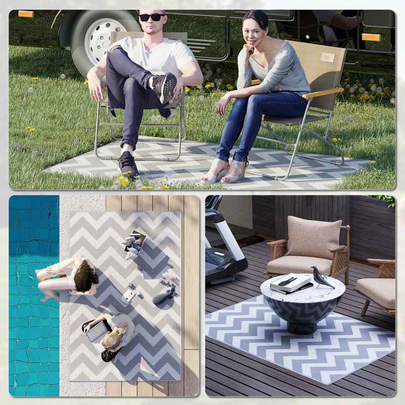 Outsunny 121 x 182 cm(4x6ft) Outdoor Rug Reversible Mat Plastic Straw Rug Portable RV Camping Mat for Garden Deck Picnic Indoor, Light Grey & White