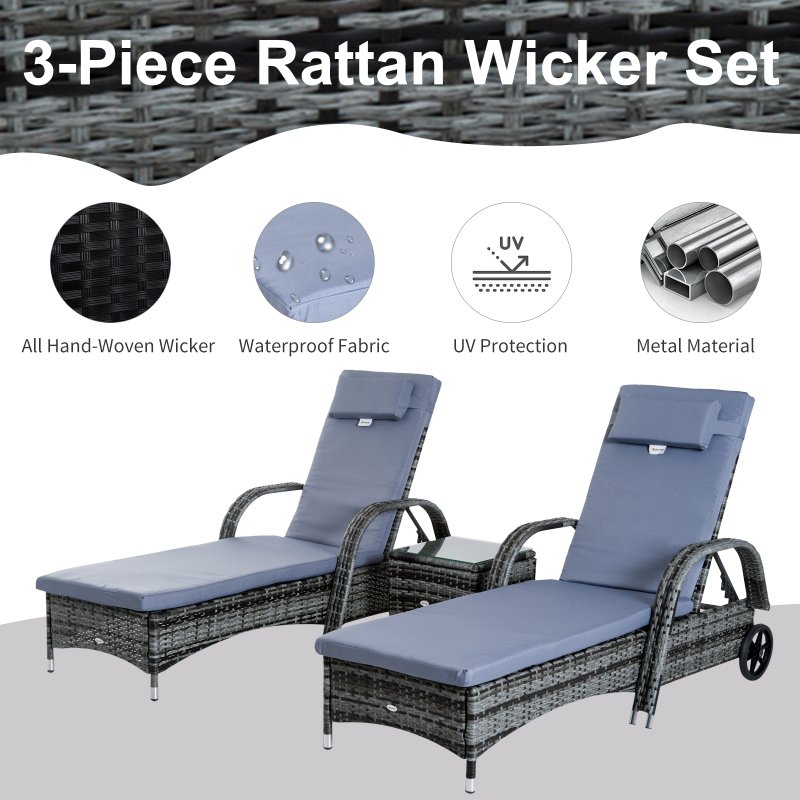Outsunny 3 Pieces PE Rattan Patio Lounge Chair Set, Outdoor Recliner Lounge Chairs with Wheels, for Outside with Cushions, Headrest, Coffee Table for Garden, Poolside, Grey