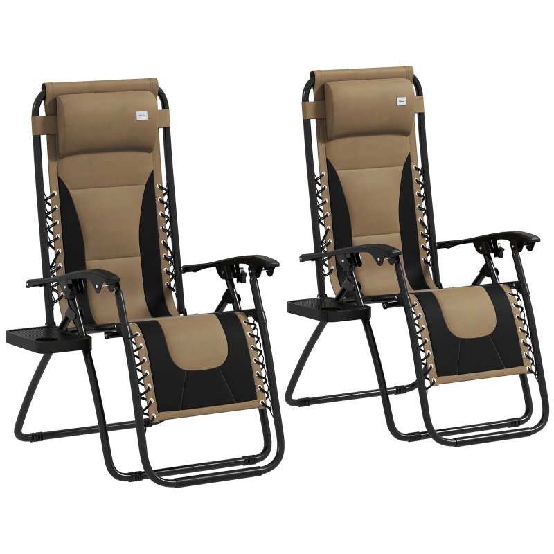 Outsunny Zero Gravity Lounger Chair Set of 2, Folding Reclining Patio Chair with Padded Seat, Cup Holder, Soft Cushion and Headrest for Poolside, Camping, Coffee