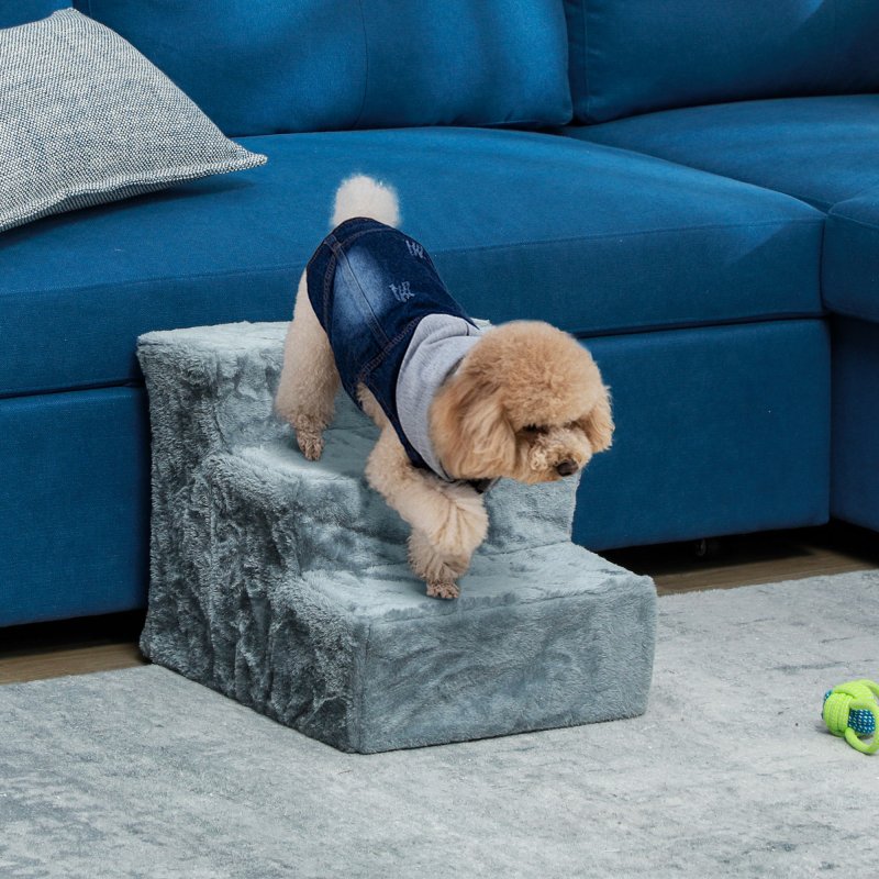 PawHut Dog Steps for Sofa, 3 Steps Dog Stairs, Pet Stairs, with Washable Plush Cover, for Small Breeds, Cats - Light Grey