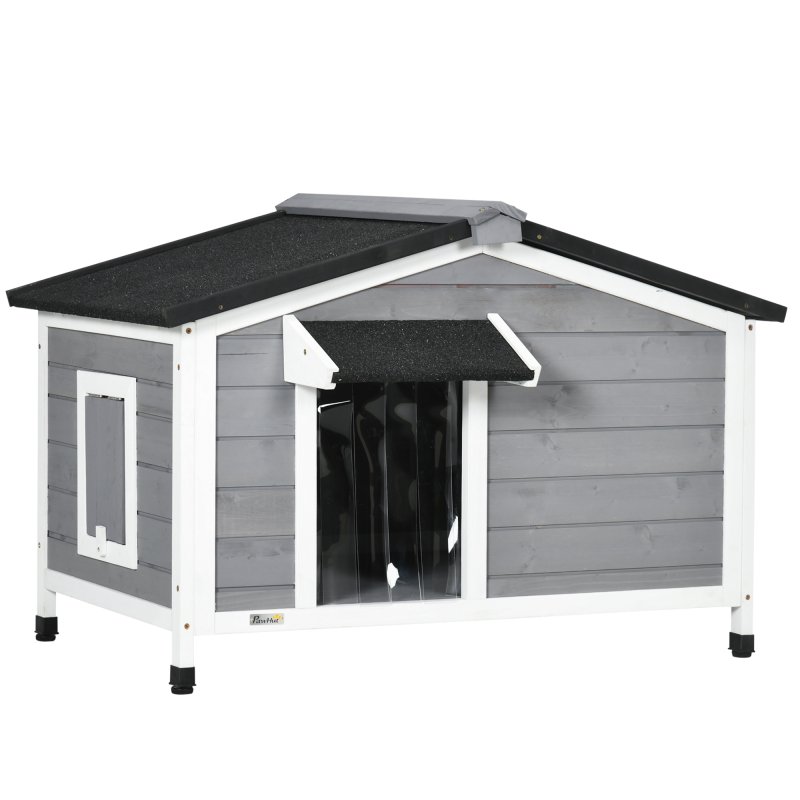 PawHut Wooden Dog Kennel Outdoor, Elevated Dog House for Outside, with Openable Top, Asphalt Roof, Windows, Curtain, Removable Tray, Adjustable Legs, 65H x 97L x 72Wcm, Grey