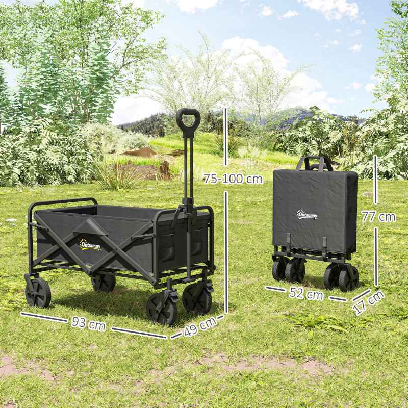 Outsunny 90L Festival Trolley on Wheels, Folding Camping Trolley Cart with Adjustable Handle, Portable for Outdoor, Garden, Shopping, Fishing, Black