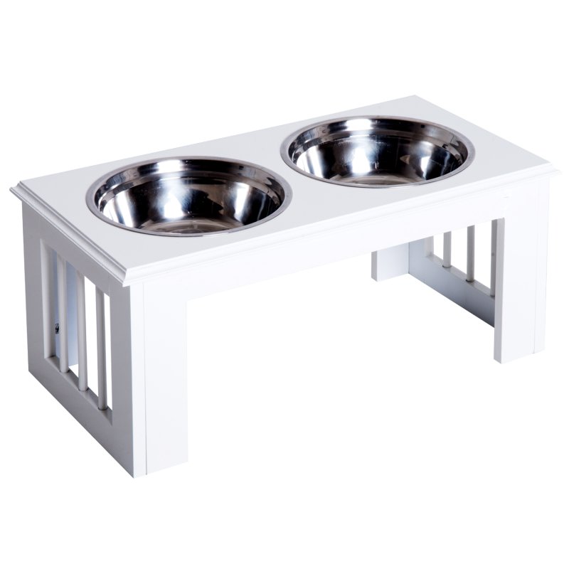 PawHut Raised Dog Bowl Feeding Bowls with Stand for Medium Dogs Elevated Pet Bowls Water Food Feeder 58L x 31W x 25H cm - White