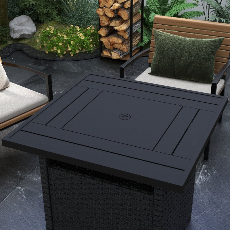 Outsunny Outdoor Rattan Gas Fire Pit Table, 50,000 BTU Square Garden Table with Fire Pit, Rain Cover, Wind Guard, Pulse-Ignition and Volcanic Rock, 72.5 x 72.5 x 67.5 cm, Black