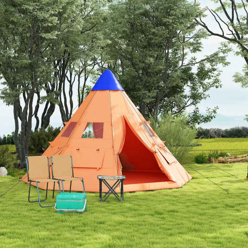 Outsunny 6 Men Tipi Tent, Camping Tent with Mesh Windows, Sewn-in Floor, Two Doors and Carry Bag, Easy Set Up, for Hiking Picnics Outdoor Night, Orange
