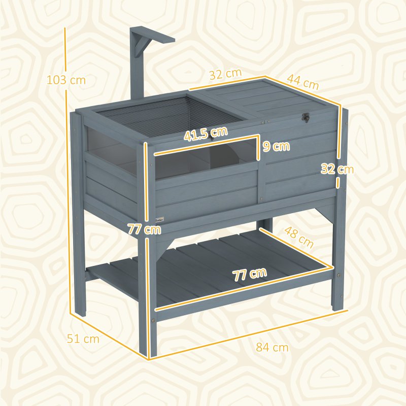 PawHut Tortoise House w/ Shelf, Small Pet Reptile Wooden House w/ Hide Shelter Den and Run, Lamp Holder, Tray, for Indoors, Outdoors - Grey