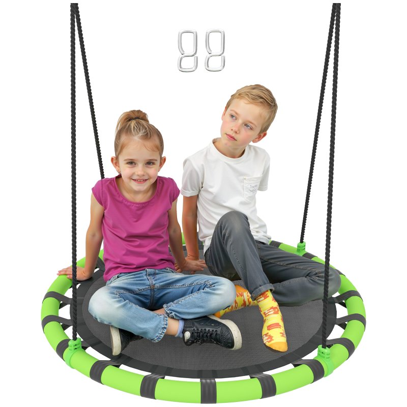 AIYAPLAY Kids Nest Swing Seat, Hanging Set with Height Adjustable Ropes for Kids, 100cm Diameter Round Saucer Swing Chair for Outdoor, Garden, Black/Green