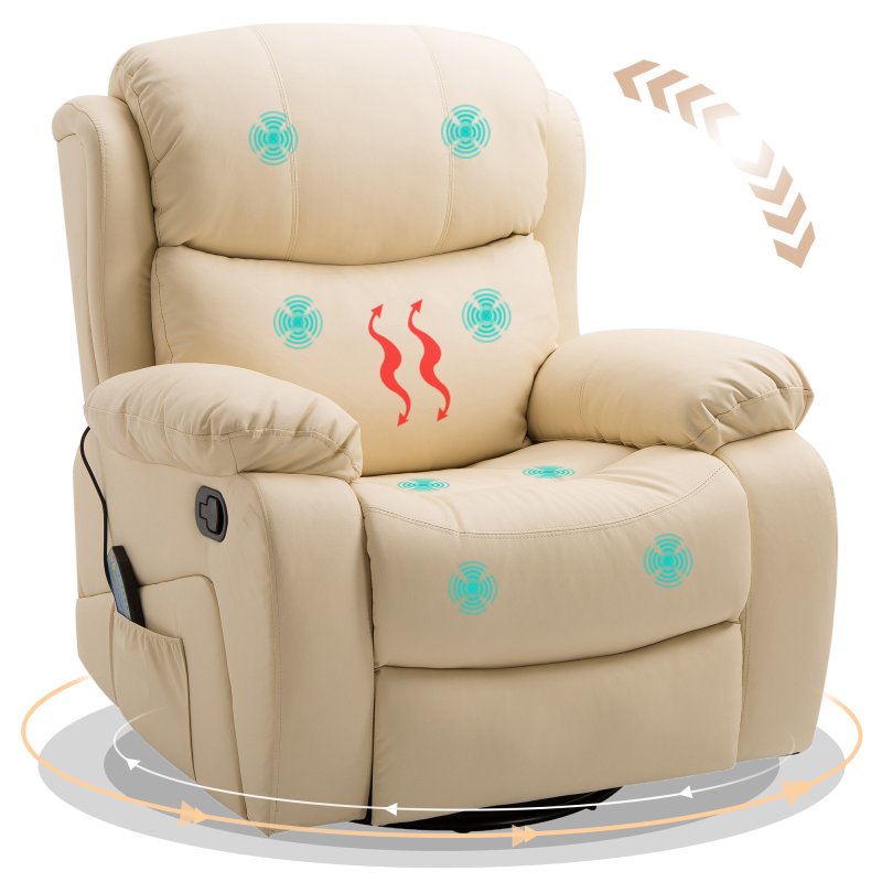 HOMCOM PU Leather Massage Recliner Chair with 8 Points and Heat, Manual Reclining Chair with Swivel Base, Footrest and Remote, Rocking Armchair, Beige
