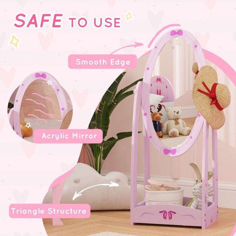 AIYAPLAY Kids Mirror Full Length with Storage Shelf, 360?? Rotating Standing Mirror for Bedroom, Kids Room, Nursery Room, Pink