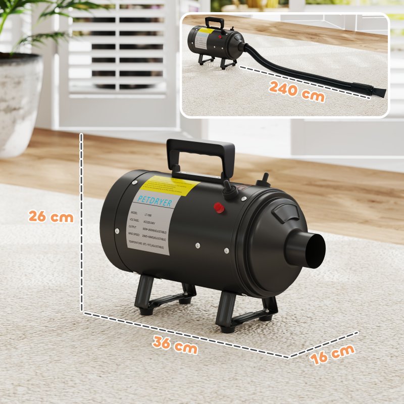 PawHut Dog Hair Dryer, 2200W Pet Grooming Hair Dryer with Adjustable Temperature & Velocity, Professional Low Noise Dog Blaster with 3 Different Nozzles, Black