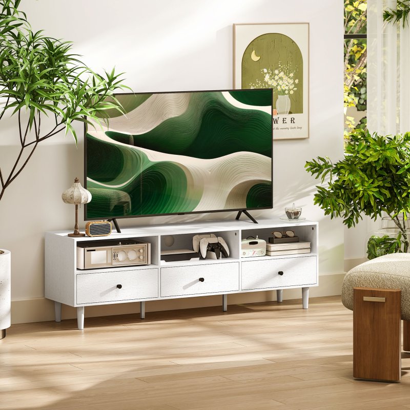 HOMCOM 140cm TV Stand Cabinet, Modern TV Unit Console Table for up to 75", with 3 Drawers, 3 Open Storage Shelves, Cable Management, Media Entertainment Centre for Living Room, Bedroom, White