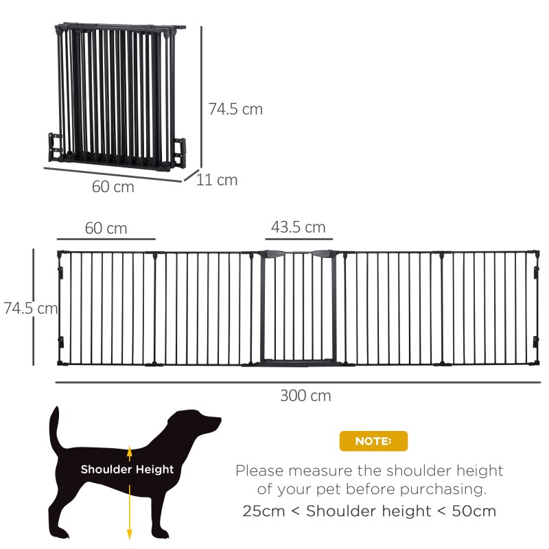 PawHut Pet Safety Gate, 5 Panels Playpen Fireplace, Metal Fence, Stair Barrier, Room Divider w/ Walk-Through Door - Black