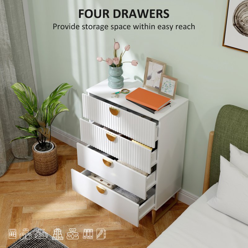 HOMCOM Bedroom Chest of Drawers with Gold Tone Handle, Modern Fluted 4-Drawer Dresser with Metal Legs for Living Room, Hallway, White