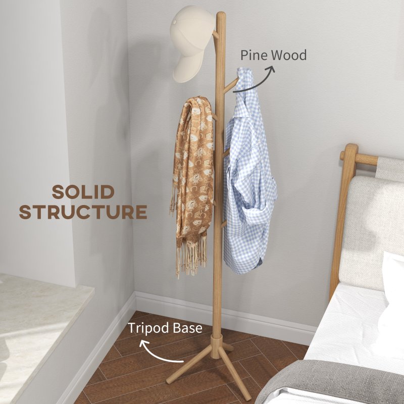 HOMCOM Coat Rack, Freestanding Coat Stand with 8 Hooks and Wooden Frame for Clothes, Bags, Hat Stand for Entryway, Hallway, Bedroom, Living Room