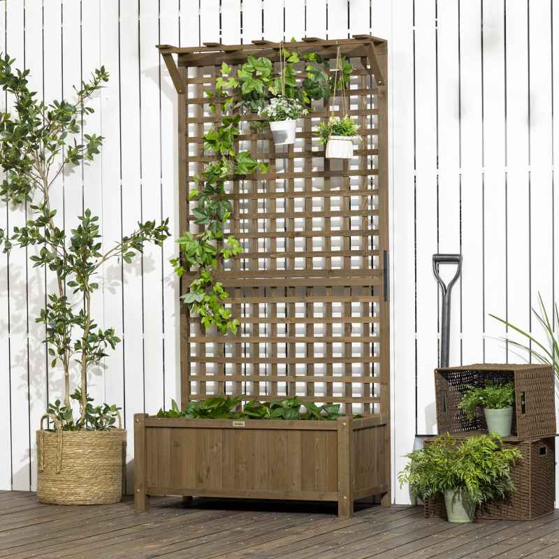 Outsunny Wood Planter with Trellis for Climbing Plants, Raised Bed, Planter Box with Drainage Holes to Grow Vegetables, Herbs and Flowers for Garden, Patio, Yard, Brown