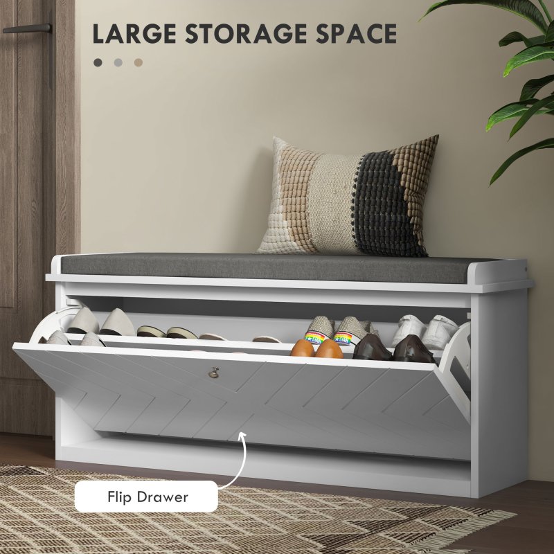 HOMCOM Shoe Bench, Entryway Bench with Flip Drawer, Seating Cushion and Adjustable Shelf for 10 Pairs of Shoes for Hallway, White