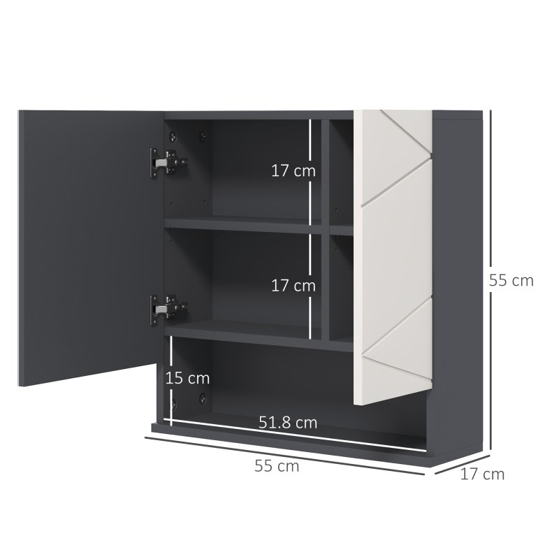 kleankin Bathroom Mirror Cabinet, Wall Mounted Bathroom Storage Cupboard with Adjustable Shelves, 55W x 17D x 55Hcm