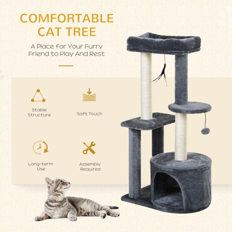 PawHut 100cm Cat Tree for Indoor Cats, Cat Tower Condo for Kittens with Cat House Sisal Scratching Posts, Hanging Ball Toys, Perches - Grey
