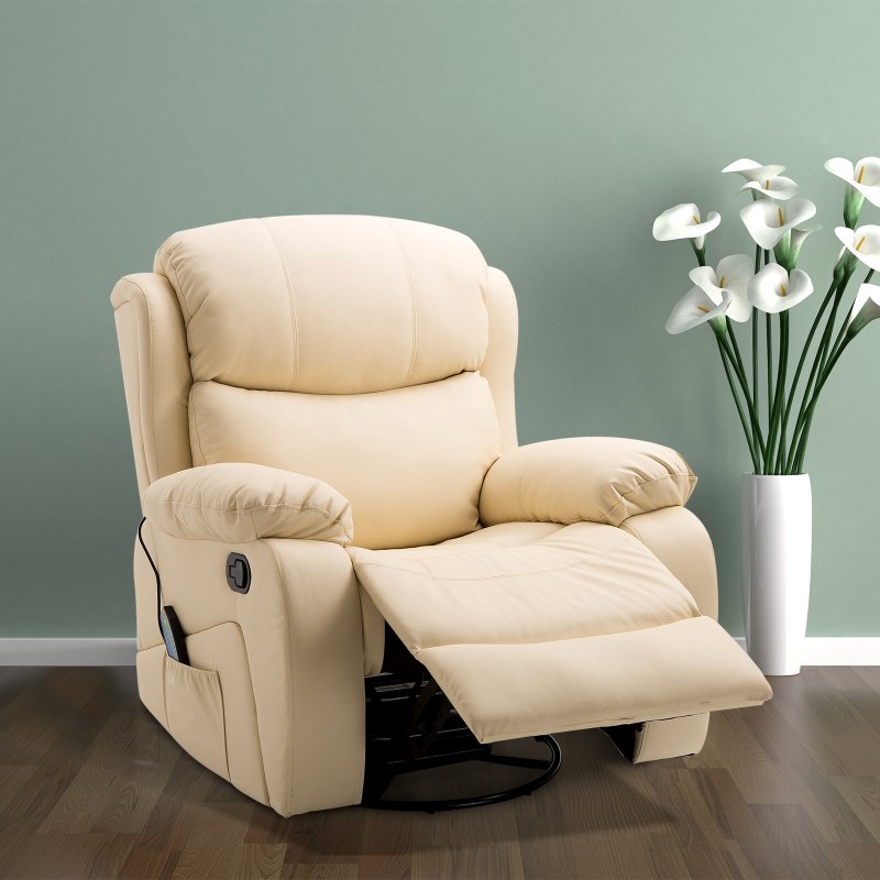 HOMCOM PU Leather Massage Recliner Chair with 8 Points and Heat, Manual Reclining Chair with Swivel Base, Footrest and Remote, Rocking Armchair, Beige