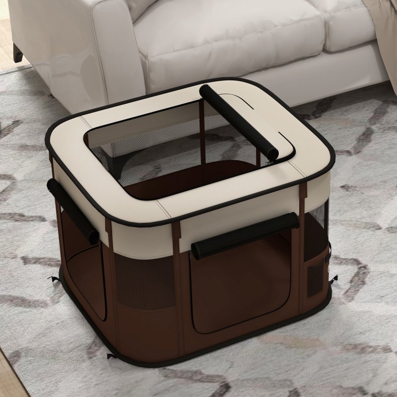 PawHut Dog Pen, Pet Playpen, Portable Foldable Dog Cat Playpen Soft Pet Cage with Storage Bag for Puppies, Rabbits, Kittens, Guinea Pigs, 74 x 60 x 45cm - Brown