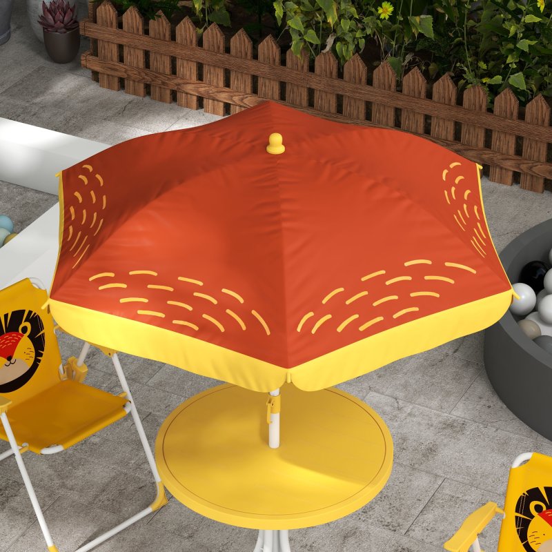 Outsunny Kids Bistro Set Children Table and Chair Set Garden Furniture Lion Themed 4 Pieces w/ Adjustable Parasol, Foldable Chairs for 2-5 Years - Yellow