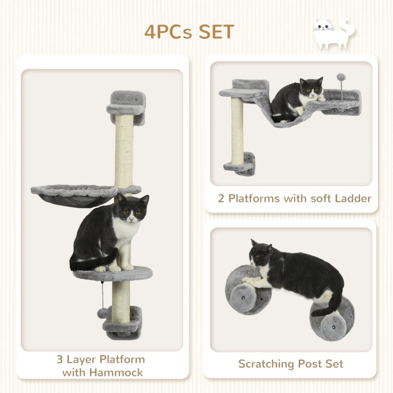 PawHut 4Pcs Wall Mounted Cat Shelves, with Hammock, Perches, Ladder, Scratching Post, Cat Wall Furniture for Large Cats, Grey