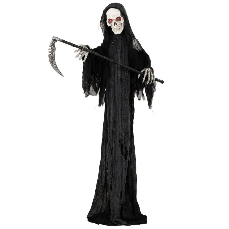 HOMCOM 183cm Life Size Animated Grim Reaper Halloween Decorations Outdoor Indoor, Scary Halloween Animatronics Decor with Sound Touch Activated, Animated Prop with Light Up Eyes for House Garden