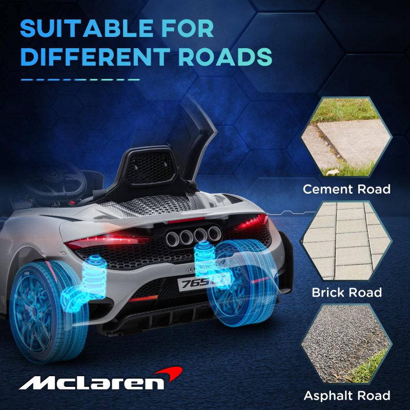 AIYAPLAY McLaren 765LT Licensed Electric Car for Kids with Butterfly Doors, 12V Kids' Electric Ride on with Remote Control, Transport Wheels, LED Lights, MP3 Music, Horn, for 3-6 Years, Grey