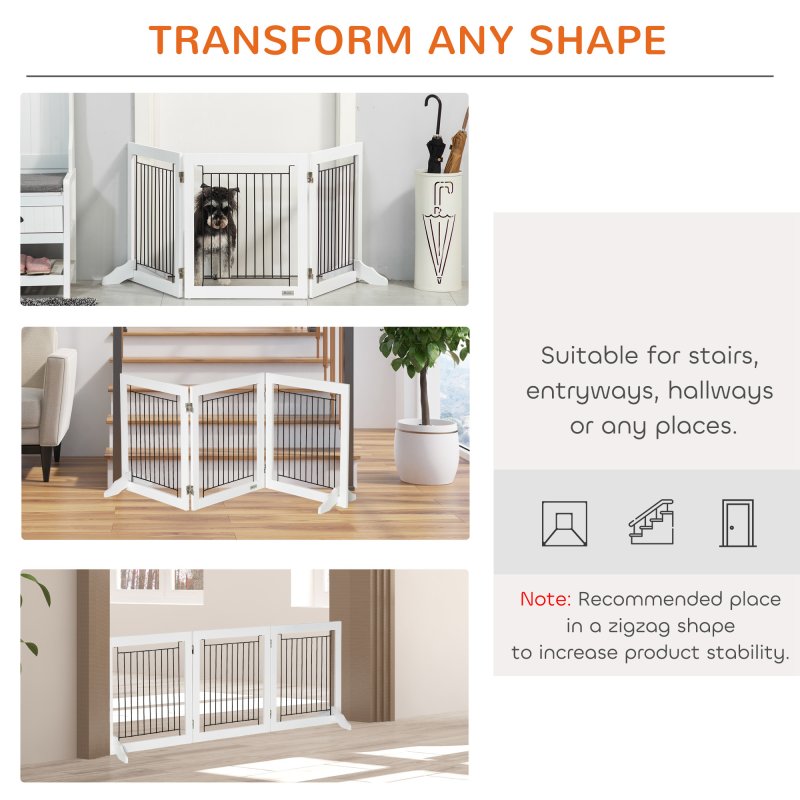 PawHut Freestanding Dog Cate, Foldable Wooden Pet Gate with  - 61cm Tall, for Stairways, Doorways, Hallways, Small Dogs - White