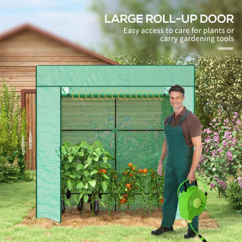 Outsunny Tomato Greenhouse with Reinforced PE Cover, Walk-in Garden Growhouse with Large Roll-up Door and 2 Mesh Windows, Portable Indoor Outdoor Green House, 196L x 77W x 178Hcm, Green